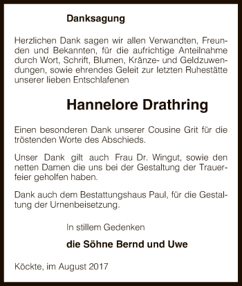 Traueranzeige von Hannelore Drathring von Uelzen