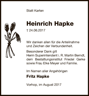 Traueranzeige von Heinrich Hapke von Uelzen