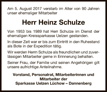 Traueranzeige von Heinz Schulze von Uelzen