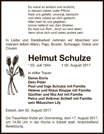 Traueranzeige von Helmut Schulze von Uelzen