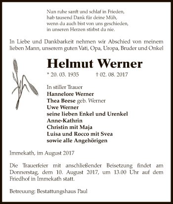 Traueranzeige von Helmut Werner von Uelzen