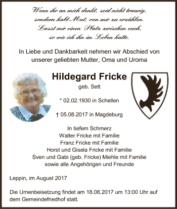 Traueranzeige von Hildegard Fricke von Uelzen