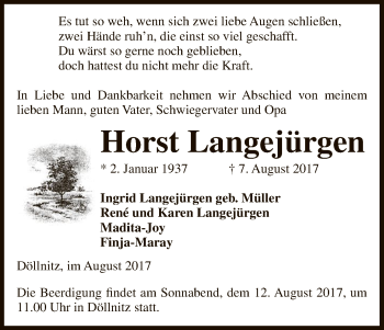 Traueranzeige von Horst Langejürgen von Uelzen