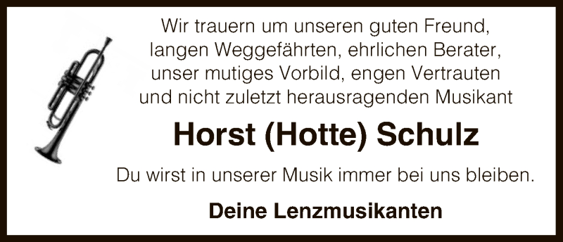  Traueranzeige für Horst Schulz vom 19.08.2017 aus Uelzen