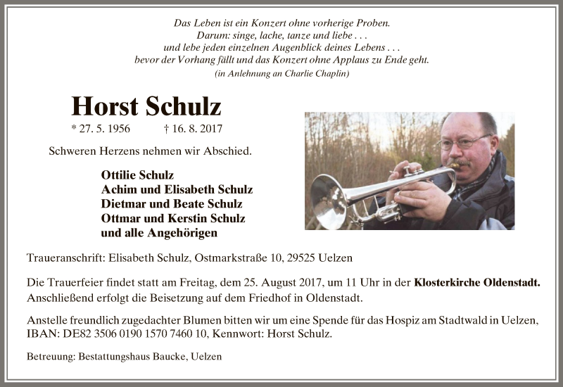  Traueranzeige für Horst Schulz vom 19.08.2017 aus Uelzen