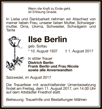 Traueranzeige von Ilse Berlin von Uelzen