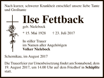 Traueranzeige von Ilse Fettback von Uelzen