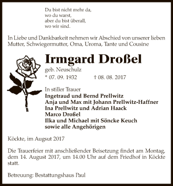 Traueranzeige von Irmgard Droßel von Uelzen