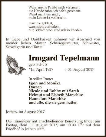 Traueranzeige von Irmgard Tepelmann von Uelzen