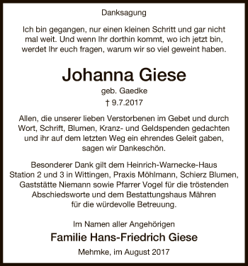 Traueranzeige von Johanna Giese von Uelzen