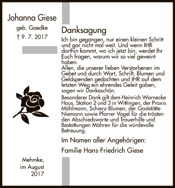 Traueranzeige von Johanna Giese von Uelzen