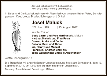 Traueranzeige von Josef Maluck von Uelzen