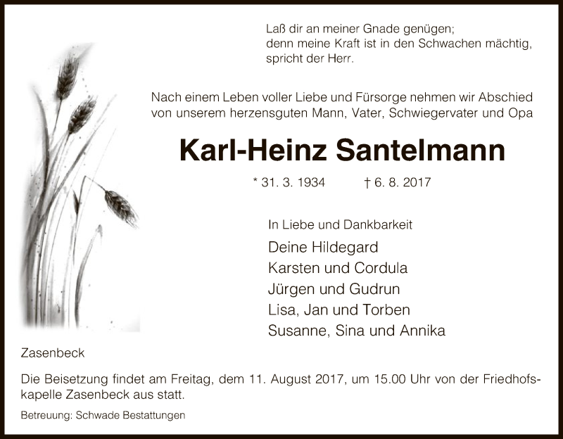  Traueranzeige für Karl-Heinz Santelmann vom 09.08.2017 aus Uelzen