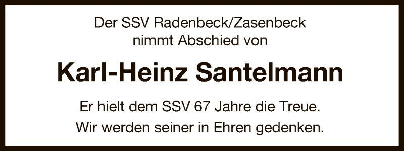  Traueranzeige für Karl-Heinz Santelmann vom 10.08.2017 aus Uelzen