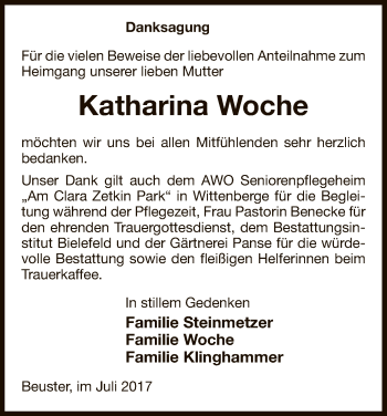 Traueranzeige von Katharina Woche von Uelzen