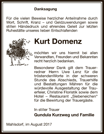 Traueranzeige von Kurt Domenz von Uelzen