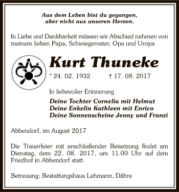 Traueranzeige von Kurt Thuneke von Uelzen