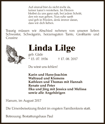 Traueranzeige von Linda Lilge von Uelzen