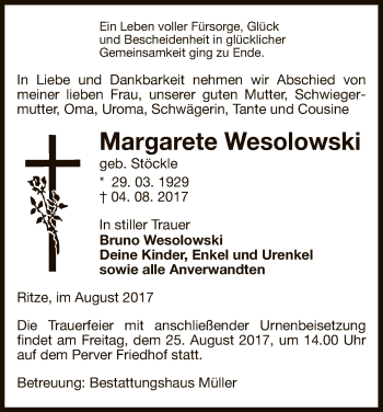 Traueranzeige von Margarete Wesolowski von Uelzen