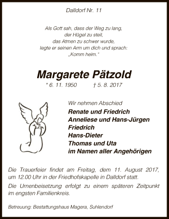 Traueranzeige von Margarethe Pätzold von Uelzen