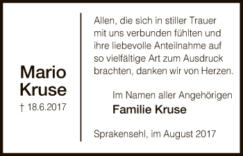 Traueranzeige von Mario Kruse von Uelzen