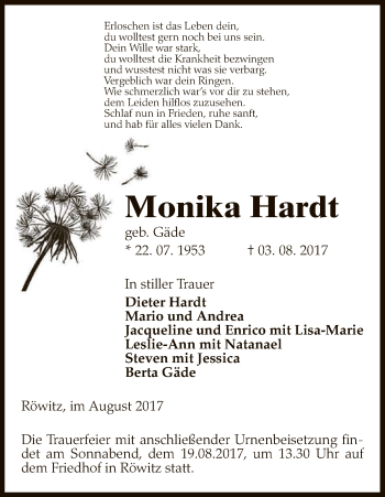 Traueranzeige von Monika Hardt von Uelzen