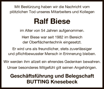 Traueranzeige von Ralf Biese von Uelzen