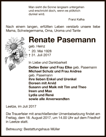 Traueranzeige von Renate Pasemann von Uelzen