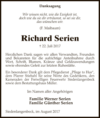 Traueranzeige von Richard Serien von Uelzen