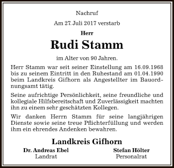 Traueranzeige von Rudi Stamm von Uelzen