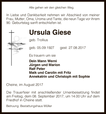 Traueranzeige von Ursula Giese von Uelzen