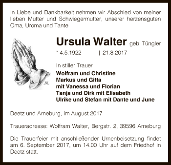 Traueranzeige von Ursula Walter von Uelzen