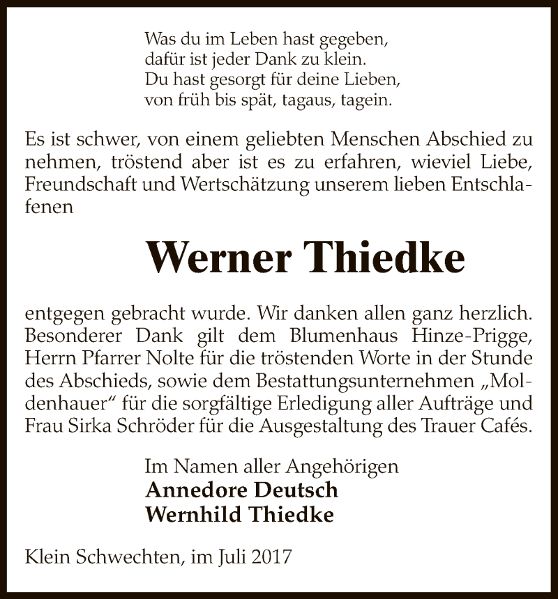  Traueranzeige für Werner Thiedke vom 05.08.2017 aus Uelzen