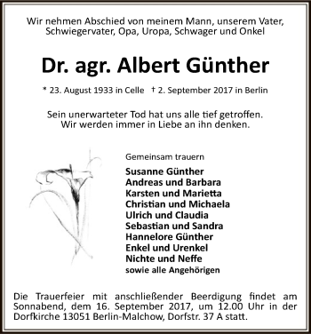 Traueranzeige von Albert Günther von Uelzen