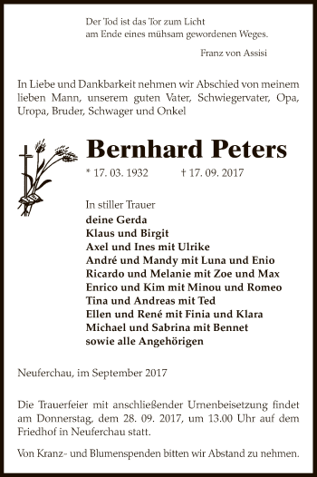 Traueranzeige von Bernhard Peters von Uelzen