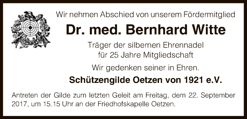  Traueranzeige für Bernhard Witte vom 20.09.2017 aus Uelzen