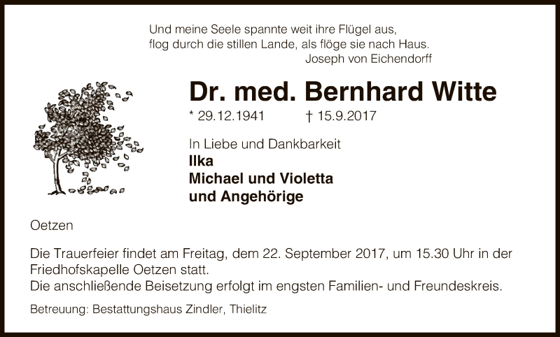  Traueranzeige für Bernhard Witte vom 19.09.2017 aus Uelzen