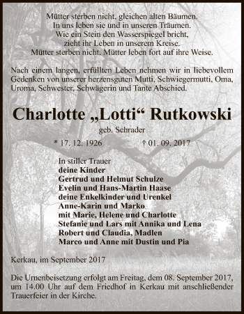 Traueranzeige von Charlotte Rutkowski von Uelzen