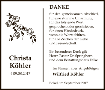 Traueranzeige von Christa Köhler von Uelzen