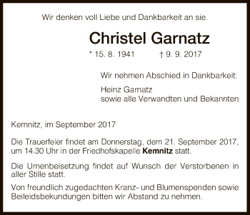 Traueranzeige von Christel Garnatz von Uelzen