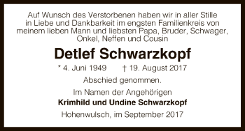 Traueranzeige von Detlef Schwarzkopf von Uelzen