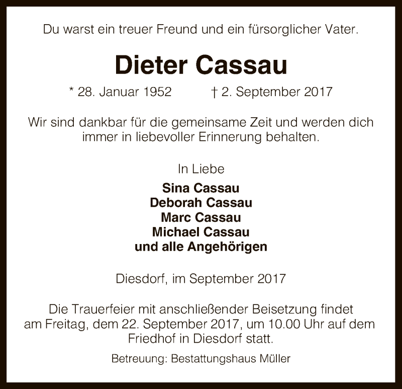  Traueranzeige für Dieter Cassau vom 12.09.2017 aus Uelzen