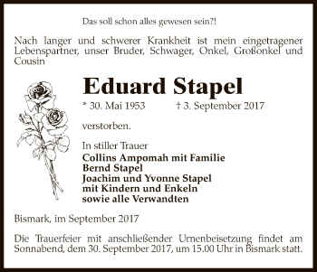 Traueranzeige von Eduard Stapel von Uelzen