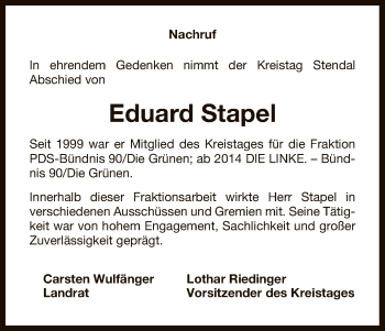 Traueranzeige von Eduard Stapel von Uelzen