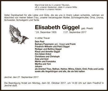 Traueranzeige von Elisabeth Giggel von Uelzen