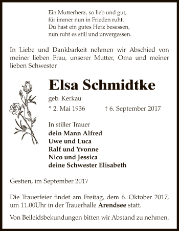 Traueranzeige von Elsa Schmidtke von Uelzen