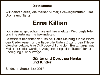 Traueranzeige von Erna Killian von Uelzen