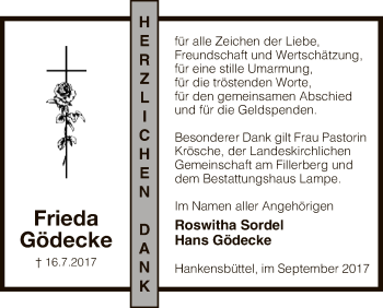 Traueranzeige von Frieda Gödecke von Uelzen