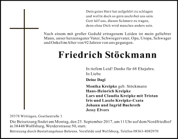 Traueranzeige von Friedrich Stöckmann von Uelzen