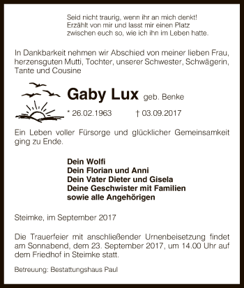 Traueranzeige von Gaby Lux von Uelzen